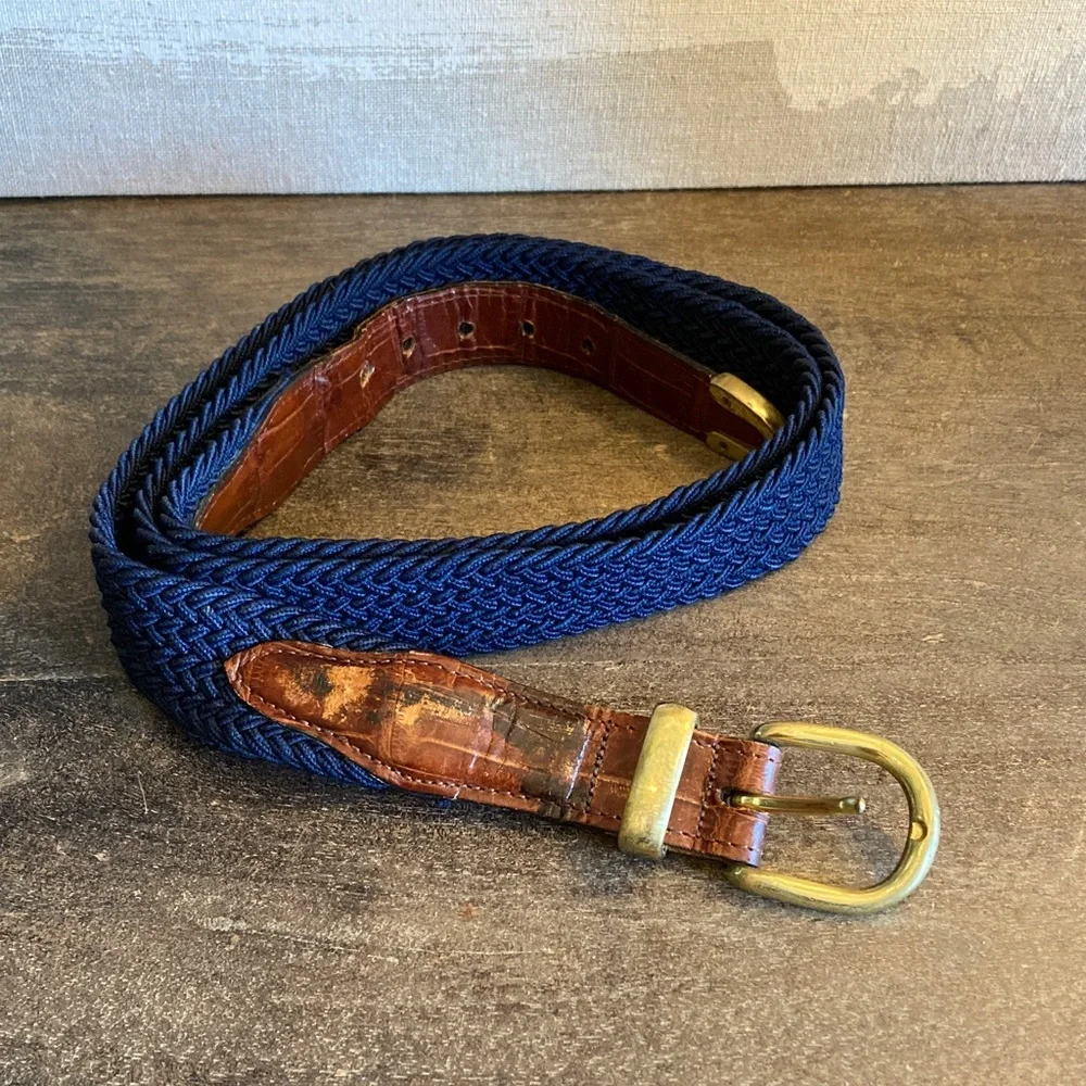 Men's Blue Brown Stretch Woven Belt Size‎ 46 Preppy Casual Classic Brass Buckle